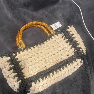 NWT aerie Woven Straw Tote with Bamboo Handles - Beige & Black